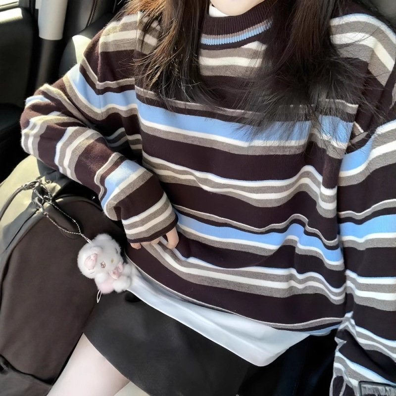 法式复古撞色条纹长袖毛衣女秋季独特超好看设计感宽松针织上衣潮|undefined