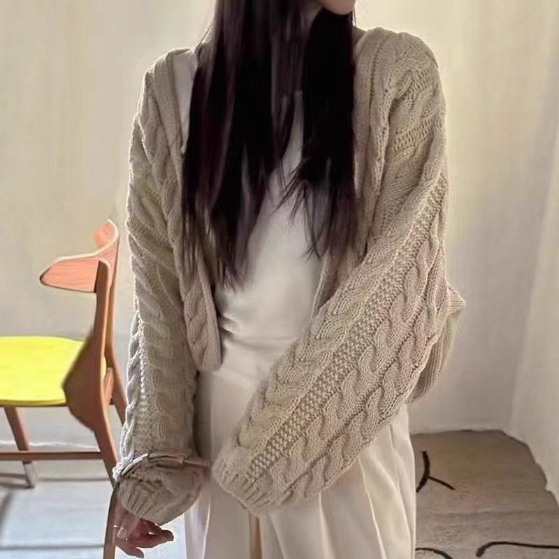 Chic Retro Twist V Neck Long-Sleeved Sweater Cardigan Women's Autumn and Winter New Loose Short Lazy Style Knitted Top