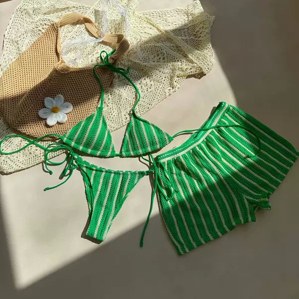 2026 European and American New Fashion Sexy Lace-Up Striped Three-Piece Swimsuit Bikini Cross-Border Foreign Trade