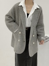 冬季混色无腰带西装领都市休闲宽松型韩版双面手缝大衣毛呢外套