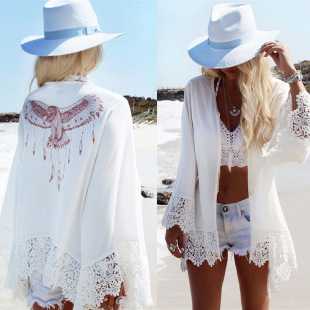 Wholesale European and American Explosions Eagle Printing Lace Beach Blouse Sexy Cardigan Holiday Shawl Bikini Blouse
