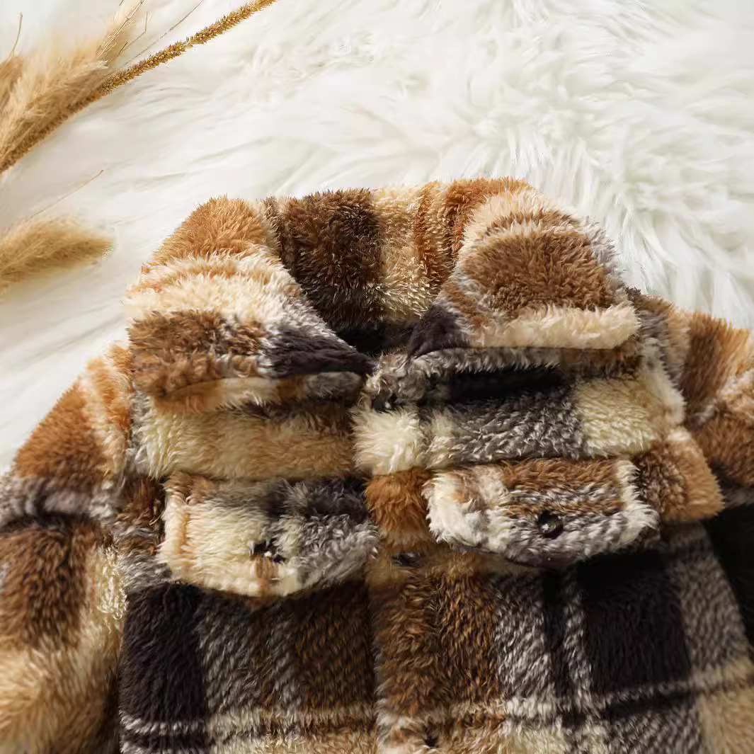 가을 | 겨울 2024 새로운  소년 야외 재킷 양털 모피 옷깃 체크 무늬 코트 머리카락 세대