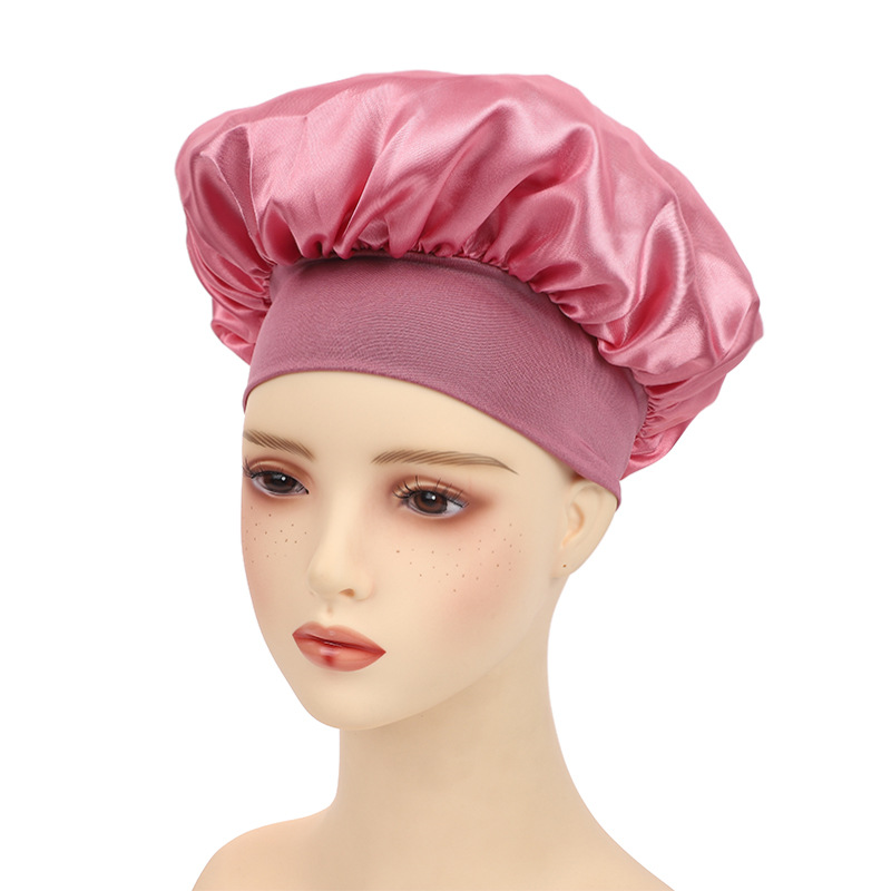 Amazon damas de borde ancho de alto elástico sombrero, sombrero de dormir, sombrero de baño, sombrero de quimioterapia, sombrero de seda, sombrero de cuidado del cabello transfronterizo