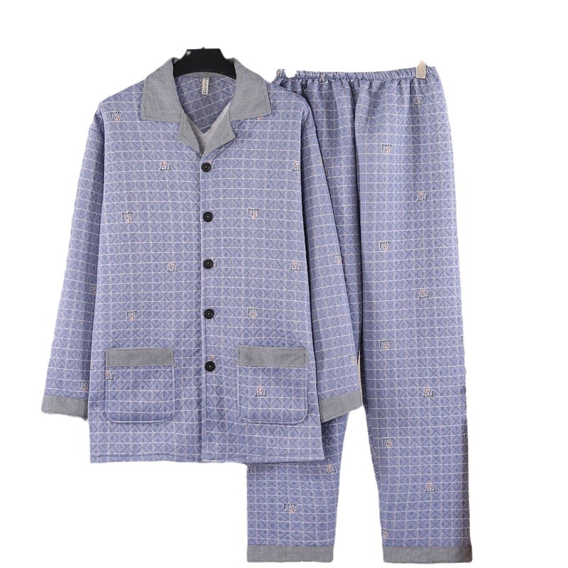 가을, 겨울 남성 샌드위치 코튼 가디건 옷깃 중년 및 노인 긴팔 두꺼운 얇은 퀼트 대형 잠옷 캐주얼 홈웨어