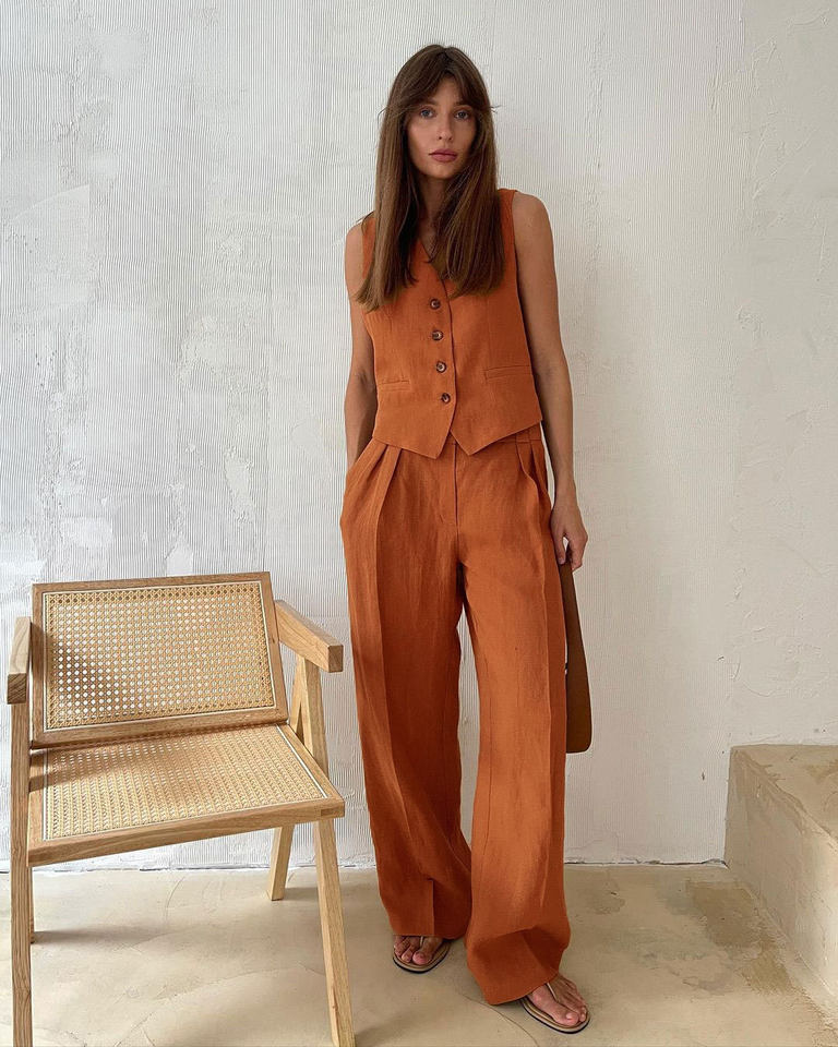 Bộ vest nữ hai mảnh áo vest không tay kèm quần cạp thấp phong cách hiện đại — Kaki, Màu cam, Màu đen chi tiết 20
