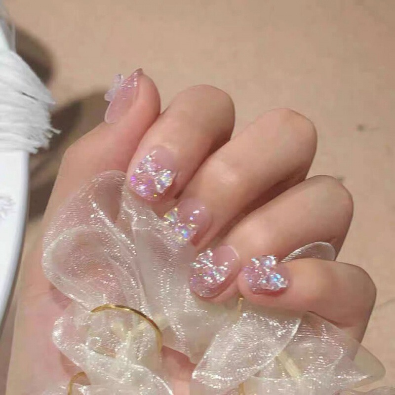 Purely Handmade Xiaohongshu Wearable Nails, Short Style for Students, Cute Manicure, Fake Nails, Removable, Sparkling Bow, Super Fairy