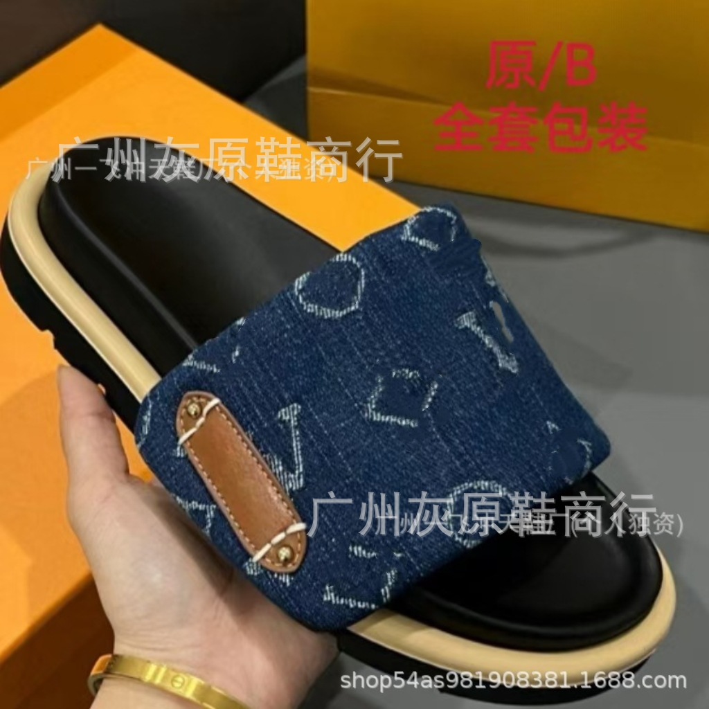 Burro casa zapatillas de velcro de suela gruesa mujer 2024 nuevo estilo exterior moda antideslizante mezclilla letras chanclas comercio exterior