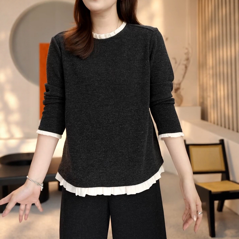 Plus-Size Designer Hem Patchwork Lace T-Shirt for Women, 2025 New Autumn and Winter Korean Style, Elegant and Versatile Long-Sleeve Top