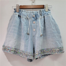 2024夏季新款重手工镶钻珠片抽绳高腰显瘦牛仔阔腿短裤女裤子