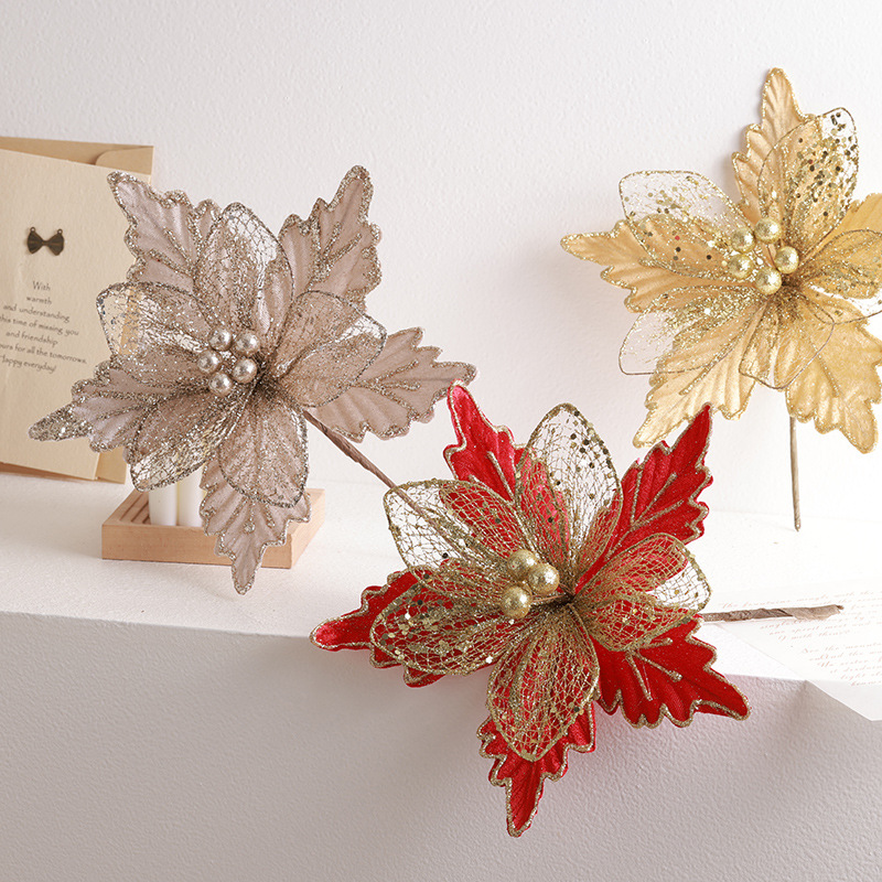 Decoración de árbol de Navidad transfronteriza 24cm oro oro oro rojo champán plata flores de Navidad imitación de flores hotel caña