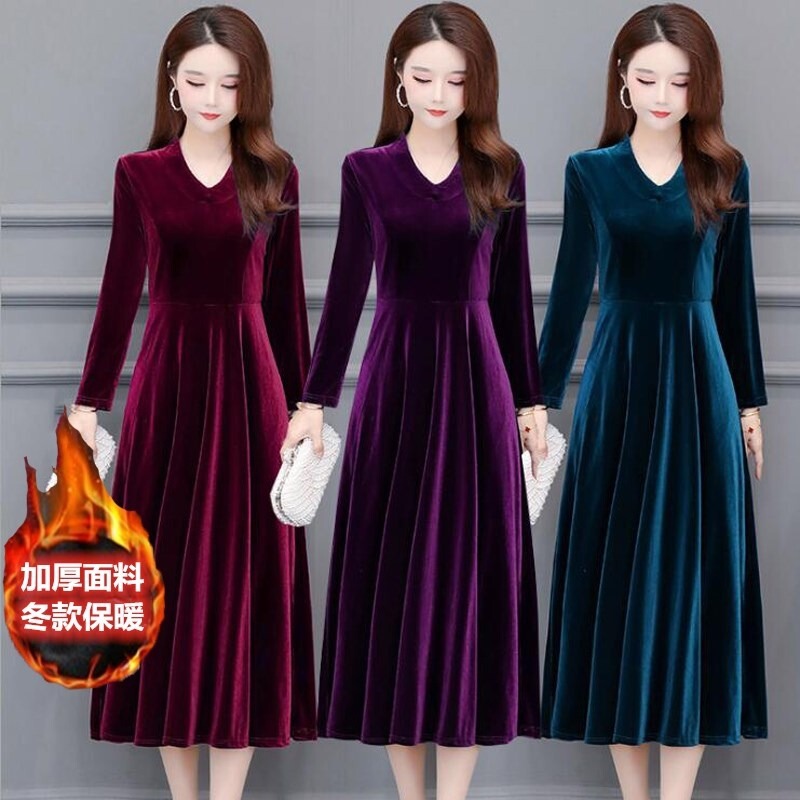 Spring Autumn and Winter New High-end Golden Velvet V-neck Styish Dress Large Size Base Belly Covering Elegant Long Dress for Women