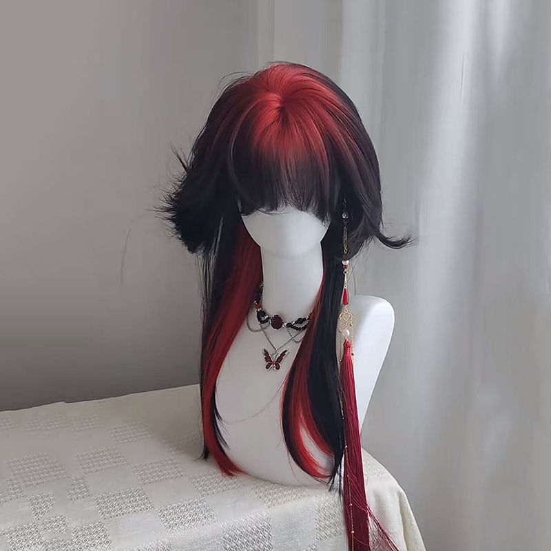 Wig Female Red Gradient Jellyfish Head Highlighted Long Straight Hair Black and Red Gothic Style Artificial Hair Full Headgear Full Wig
