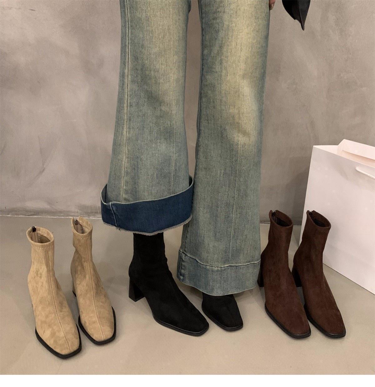 Suede Ankle Boots For Women Square Toe Slim Korean Style Footwear_voghion.com