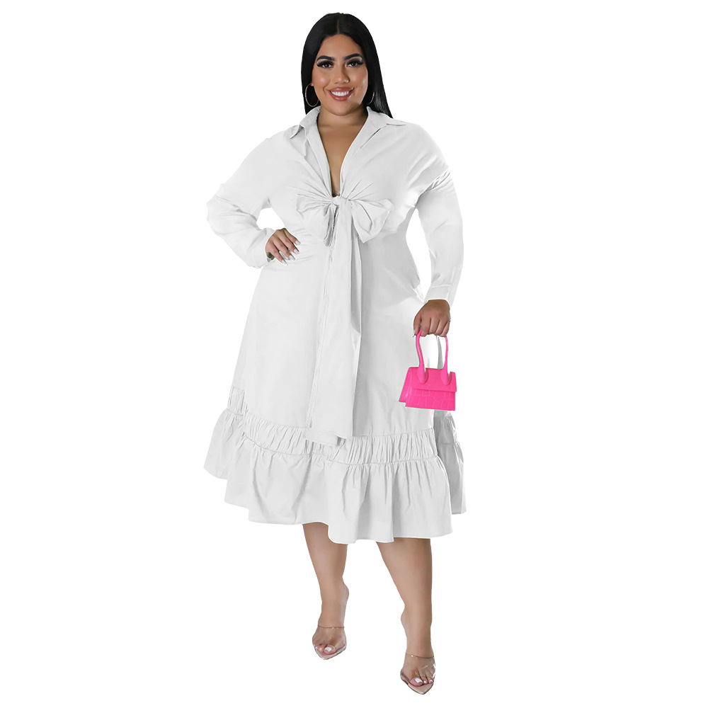 ChicShe N7679 2022 Solid Color Tie Bow Shirt Sleeve Loose Casual Ruffle Plus Size Dress_voghion.com