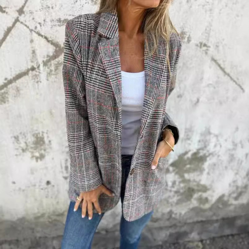 Independent station European and American autumn and winter cardigan coat, women's casual fashion, retro houndstooth lapel suit