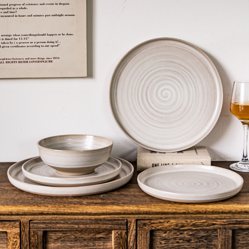 [Old Time Bowl and Plate Set] Rustic Nostalgic Vegetable Plate Soup Noodle Bowl 10inch Steak Large Plate Pasta Plate with Minor Flaws