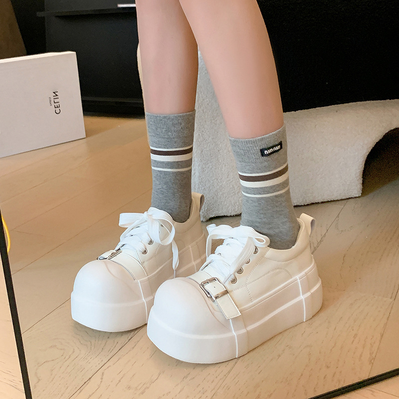 Giày sneaker nữ đế dày da thật phong cách platform khóa dây — màu đen, màu trắng