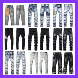 AM外贸男士破洞刺绣牛仔裤五角星潮流弹力修身小脚裤高档休闲男裤