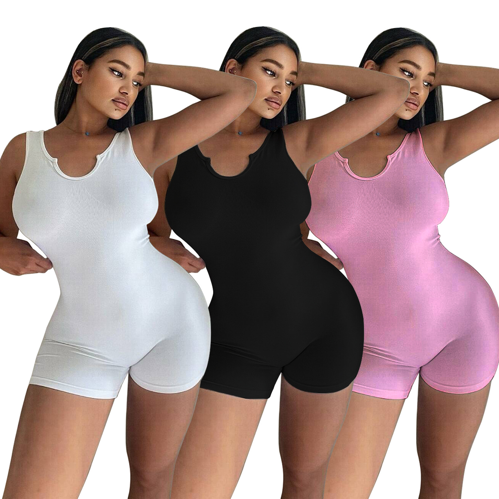 2024 European and American Amazon Women's Summer and Autumn Solid Color Casual Knitted Rib U-Neck Vest Slim-Fit Jumpsuit