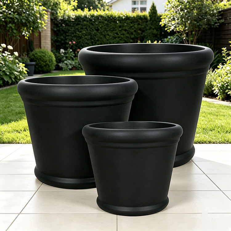Chinese Modern Style Outdoor Lightweight Triangular Flower Pot Fiberglass Black Flowerpot Garden Road Set Flower Planter