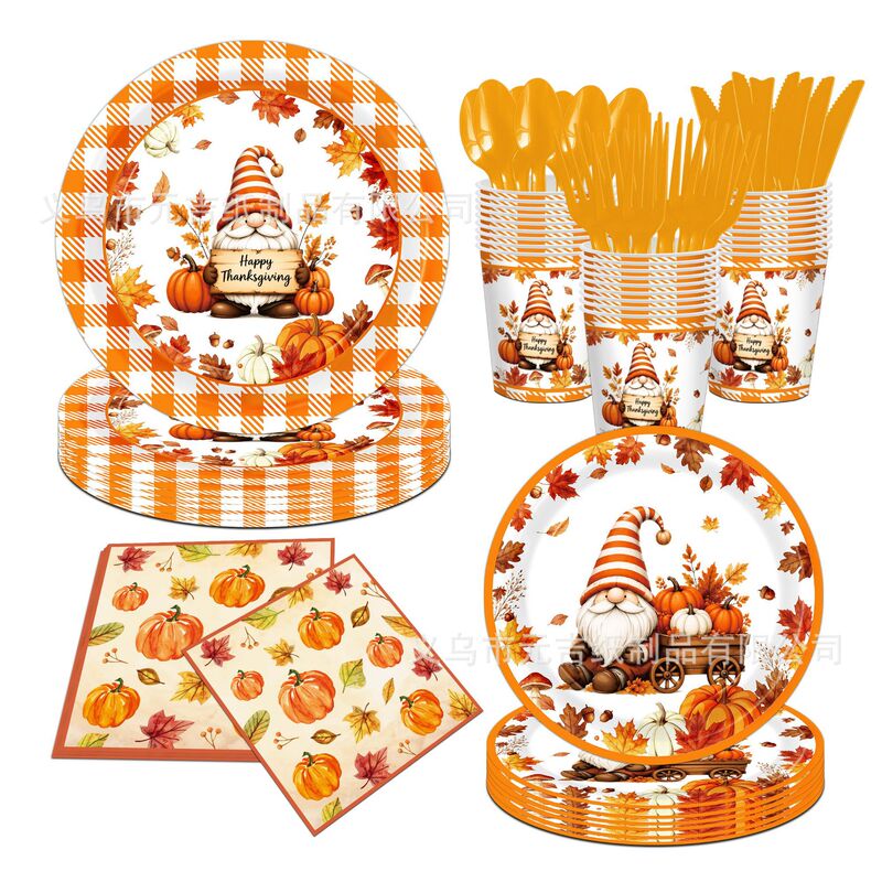 New cross-border autumn harvest pumpkin Thanksgiving party tableware set with paper cups, paper napkins, and disposable paper plates