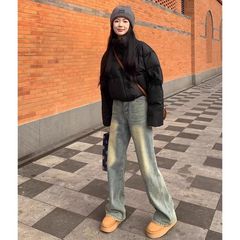 美式复古做旧直筒牛仔裤女春秋大码胖mm高腰宽松显瘦窄版阔腿裤子