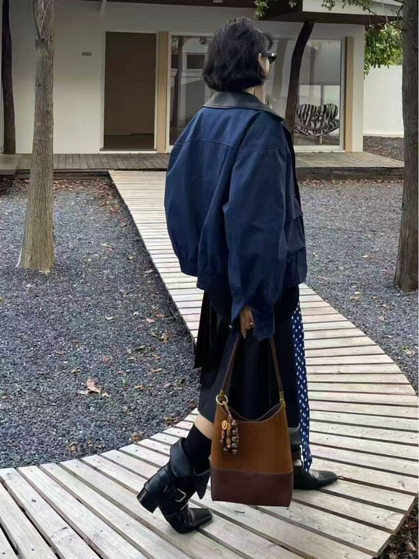 跨境麂皮绒拼接女大容量2025新款秋冬季复古单肩子母包通勤水桶包|undefined