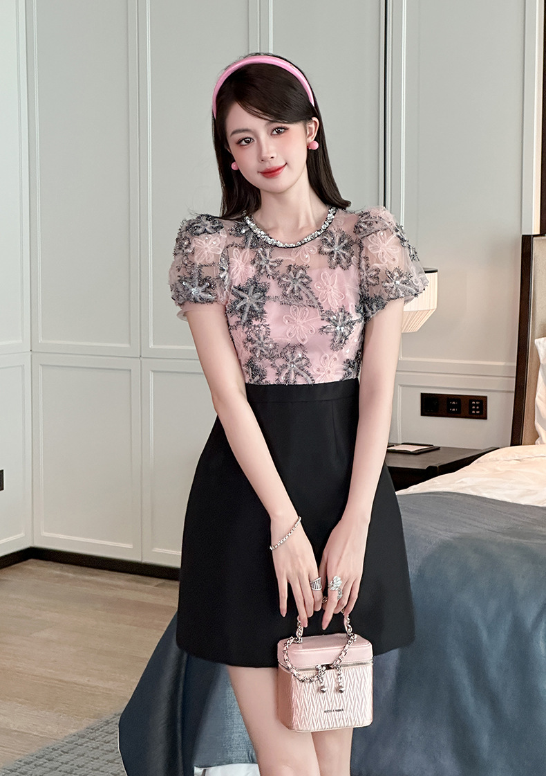 Đầm sequin thiết kế eo giả hai mảnh kiểu Pháp — Màu hồng đen chi tiết 7