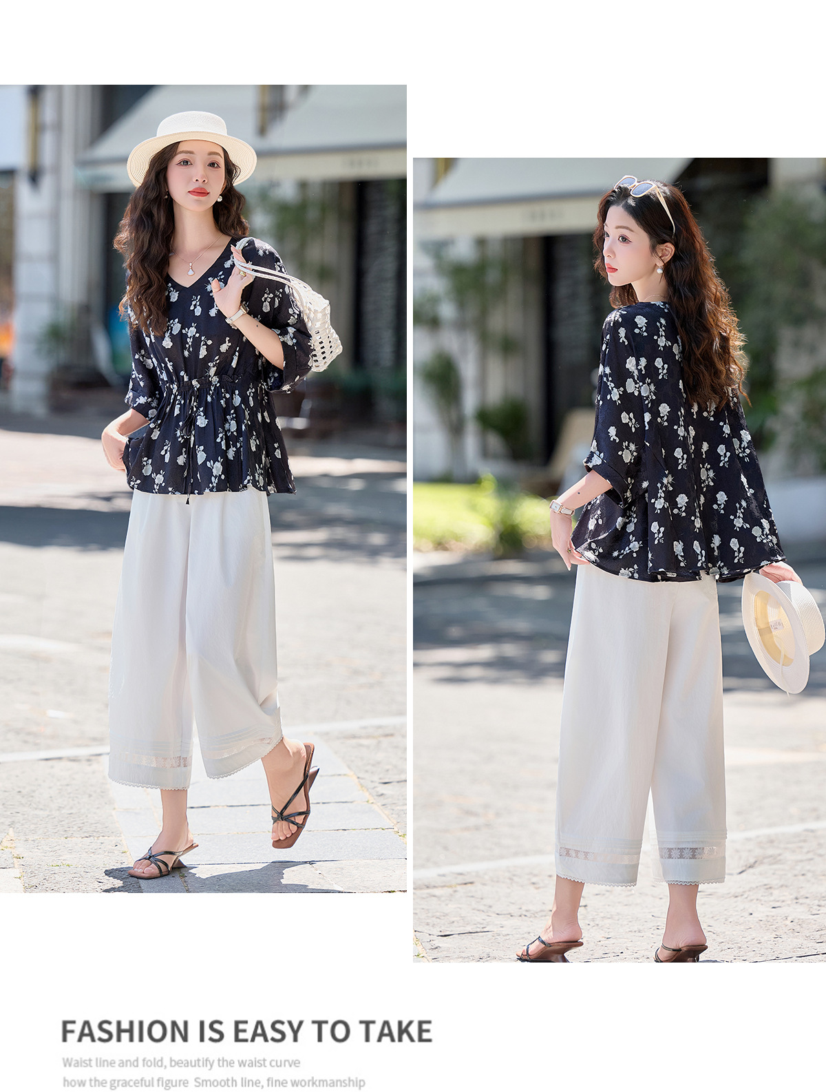 Bộ vest nữ hai mảnh áo sơ mi in họa tiết cổ V kết hợp quần ống rộng — Màu ảnh chi tiết 14