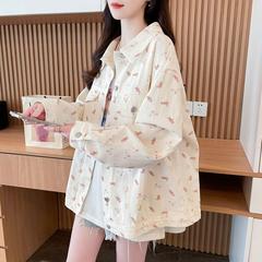 c早夏牛仔外套女设计感可爱小熊印花翻领夹克百搭宽松休闲上衣