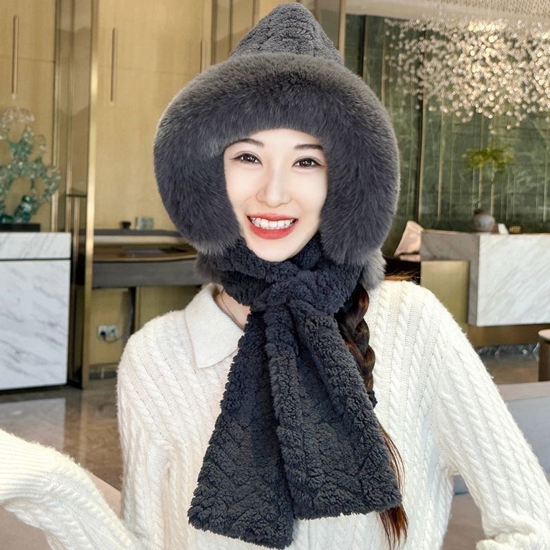 毛绒绒狐狸耳朵帽子女冬季保暖围脖防寒冬天护耳围巾一体帽二件套|undefined