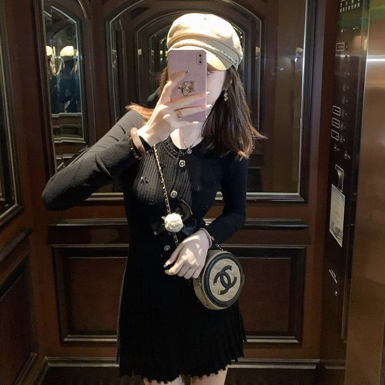 大码胖MM秋冬小香风长袖针织连衣裙女法式辣妹修身显瘦百褶短裙子|undefined