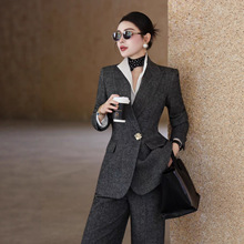 休闲套装女秋冬新款洋气一粒扣人字纹西装+修身直筒裤洋气两件套