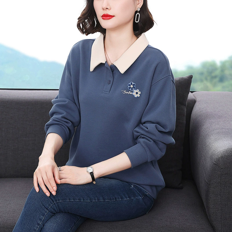 Мама-осень, Новый стильный модный топ больших размеров с лацканами, женский свитер с воротником-поло для среднего и пожилого возраста, футболка с длинными рукавами