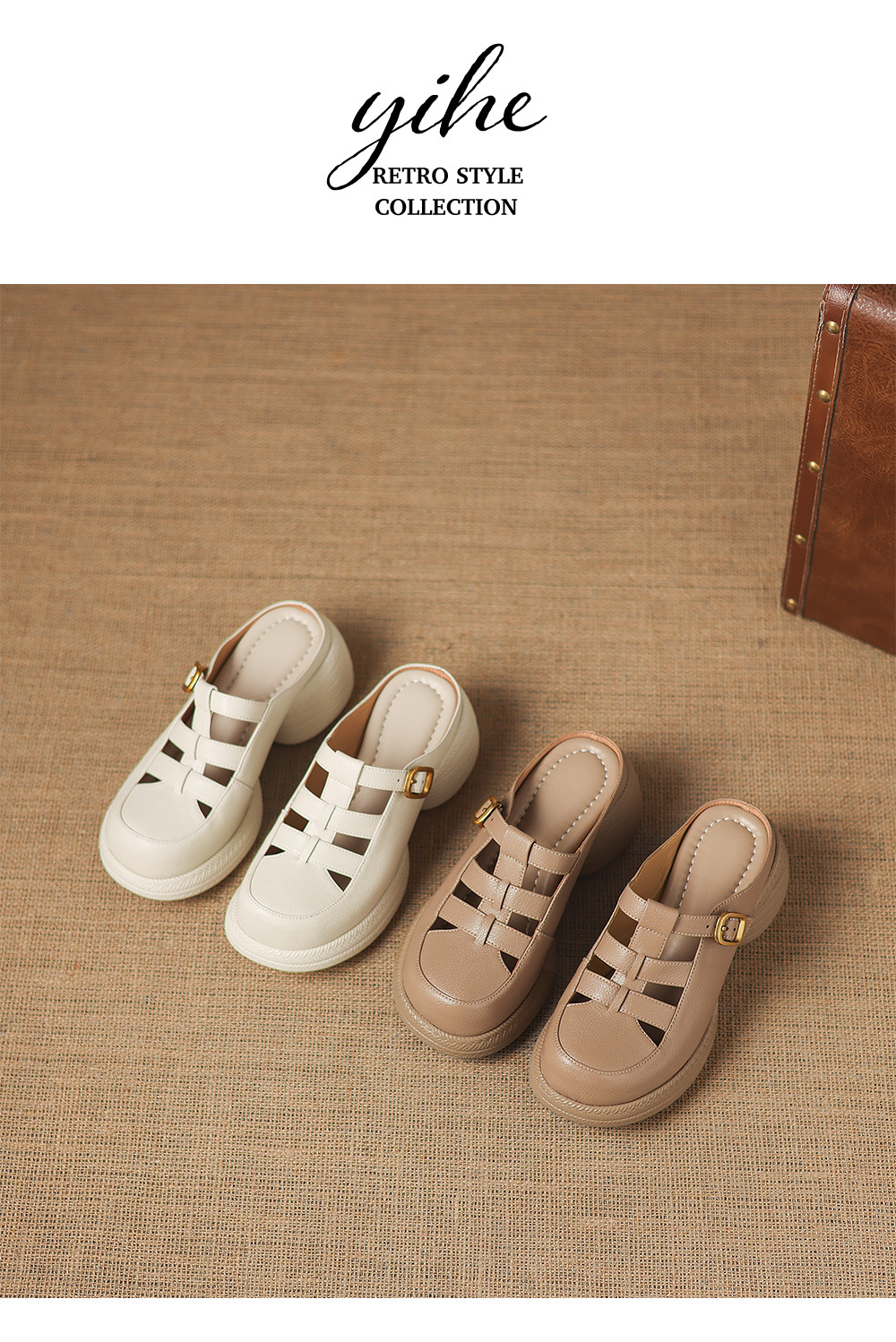 Sandal cao gót nữ mũi hở đế dày da cừu kiểu dệt lỗ — màu trắng ngà chi tiết 13