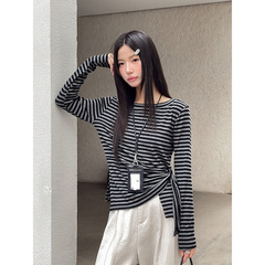 【歌铭】设计感一字肩侧绑带长袖T恤女装秋季新款不规则上衣N458C