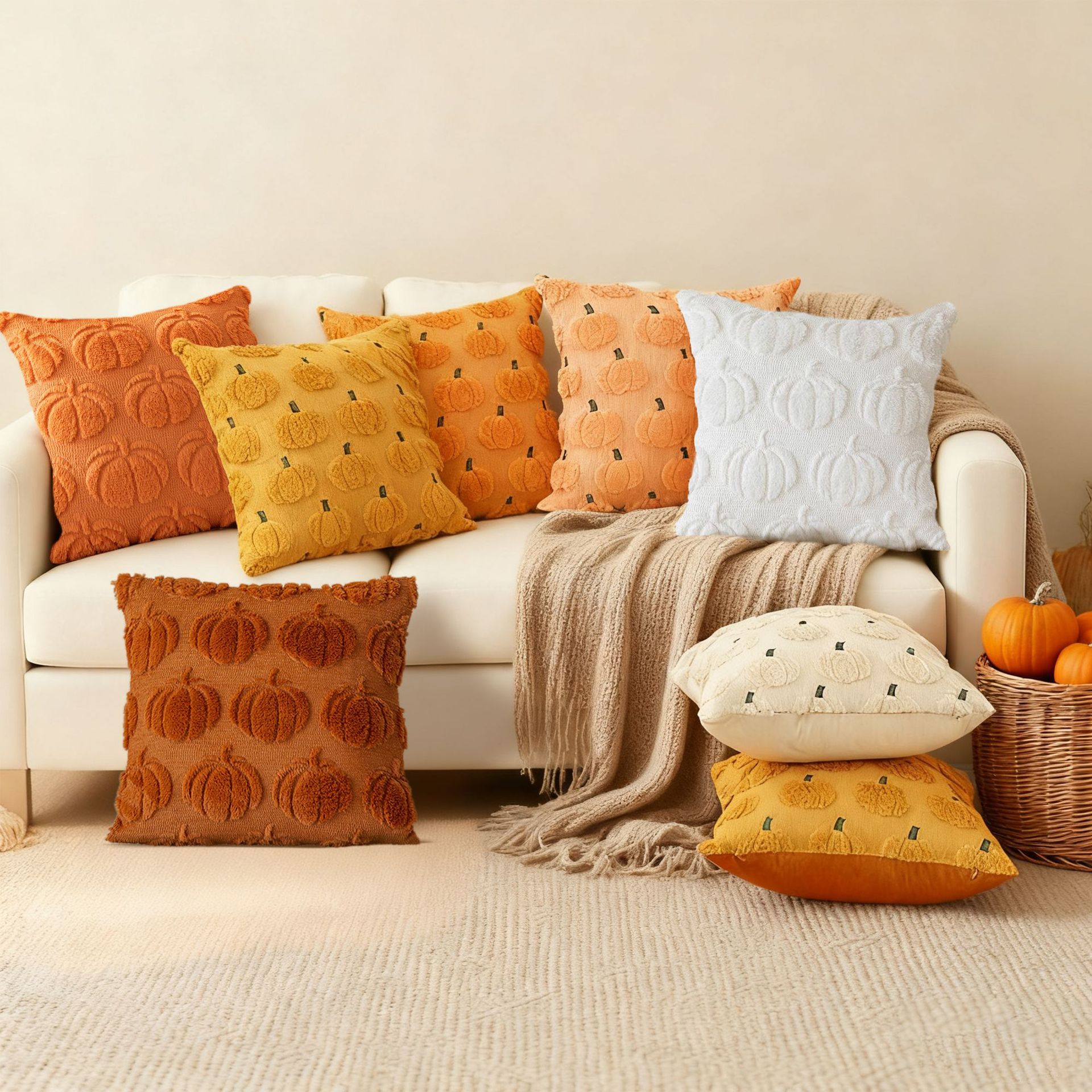 Cross-Border Plush Quilted Pumpkin Pillow Cover Orange Pillow Cushion Cover Sofa Decorative Cushion Cover Holiday Wear