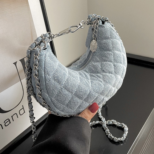 Denim bag women's new  fashion rhombus chain crossbody bag niche summer casual versatile crescent bag