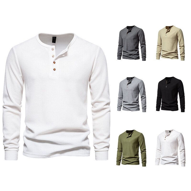 Amazon 2025 Export New Men's T-Shirt Waffle Henley Collar Top Fashionable European Size Long-Sleeved T-Shirt for Men