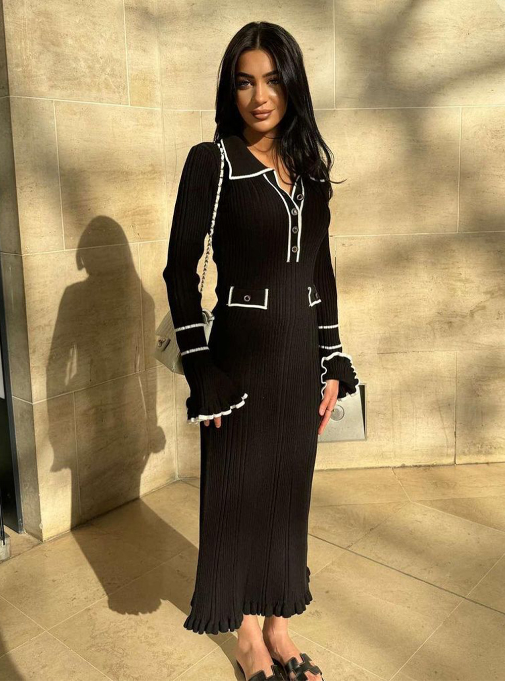 560g Weight Maxi Long Dress Dress Length Type Long Sleeve Sleeve Length Sheath Dress Dresses Type Bell Sleeve Sleeve Type knit Fabric Type Mid Waist Waist Line Holiday Occasion Turndown Neckline Slim Fit Type Color Block Pattern Winter, Spring, Autumn Season Women's Gender Elegant, Streetwear Style Wholesale Women's Elegant Streetwear Color Block Holiday Turndown Long Sleeve Sheath Dress 6