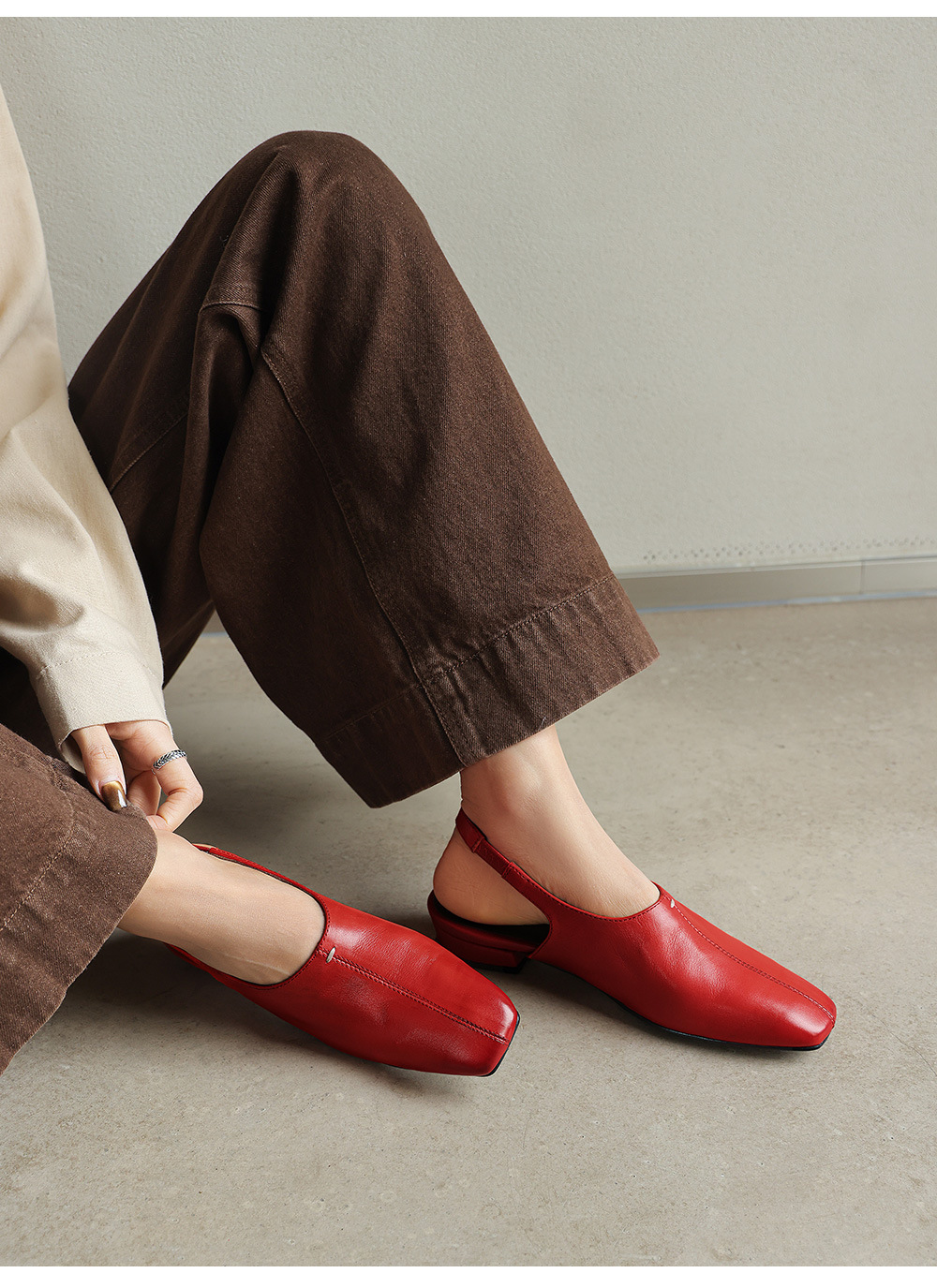 Sandal nữ mũi nhọn quai ngang gót thấp phong cách Hàn Quốc — màu nâu chi tiết 5