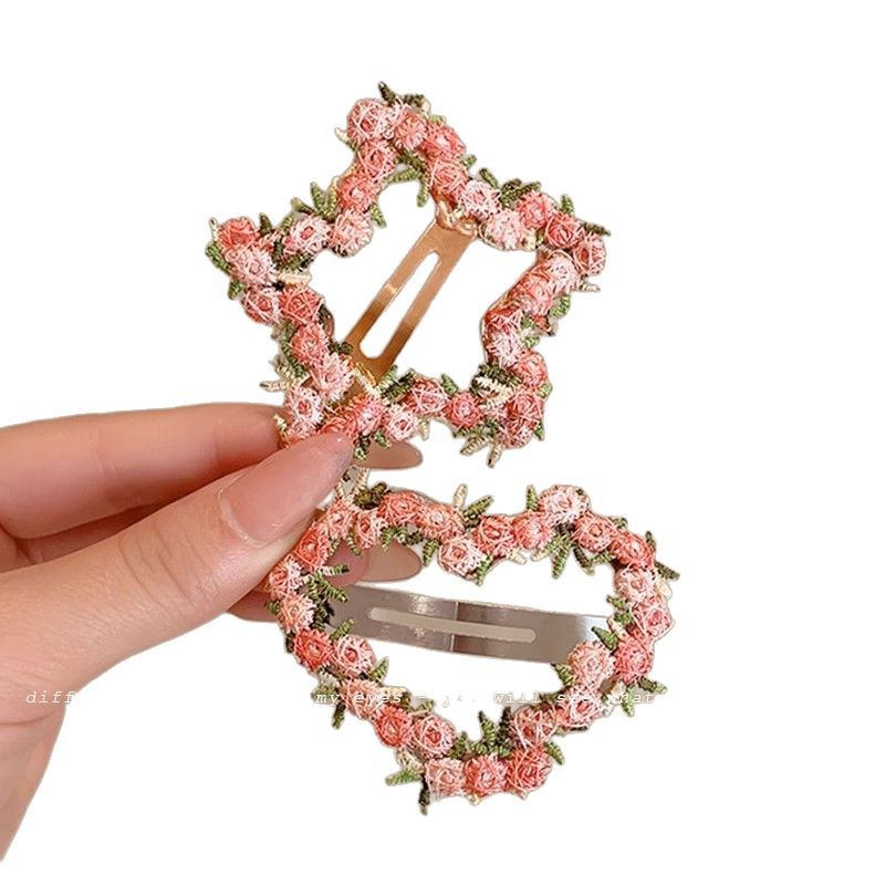 Dulces flores bordadas de primavera de alto valor visual BB clips atmósfera del corazón de una niña lateral clip de cabello de cabello de mujer