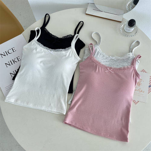 2024 Spring New Pure Desire Slim Lace Bow Suspender Comfortable and Versatile Bottoming Solid Color Vest for Women