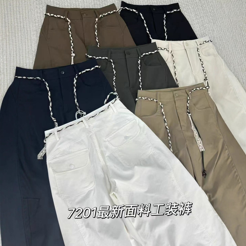 抽绳系带工装阔腿裤女欧货秋季新款时尚宽松高腰大口袋直筒休闲裤|undefined