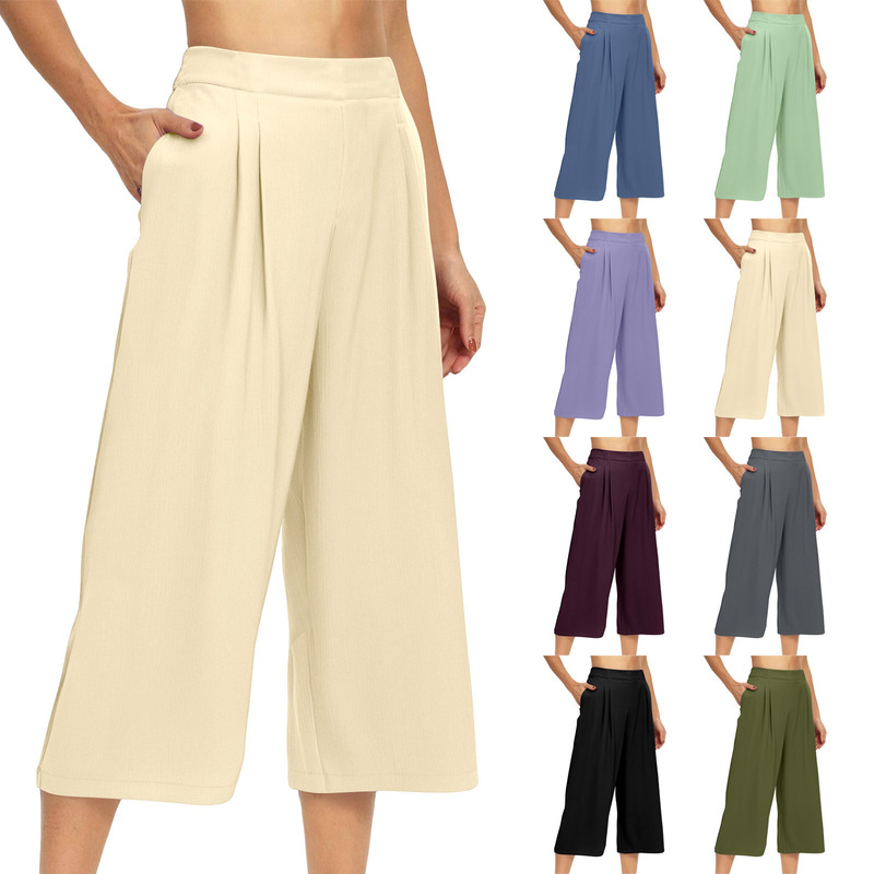 New Cross-Border European and American Style Solid Color Women's High-Waisted Pleated Wide-Leg Cropped Pants, Casual Loose Fit with Pockets
