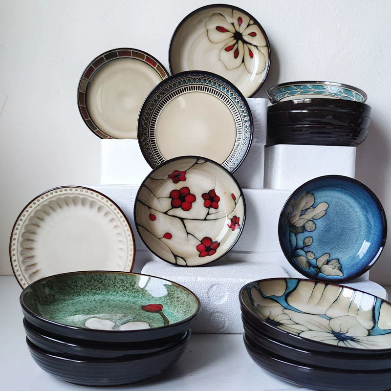 Japanese-style ceramic deep dish, 7–8.5-inch serving bowl, assorted patterns, slight imperfections
