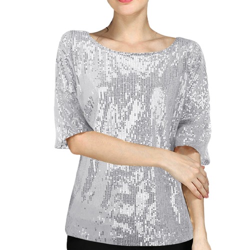 Summer V-Neck Blouse Women Solid Color Beaded Top Sequin T-Shirt Performance Costume Instagram