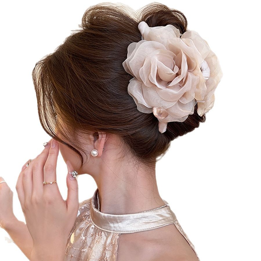 Hilo de malla de tela pinza para el cabello de perlas de flor de rosa sensación de alta calidad, pinza para el cabello de tiburón, pinza de agarre de todo fósforo de moda, accesorios para el cabello