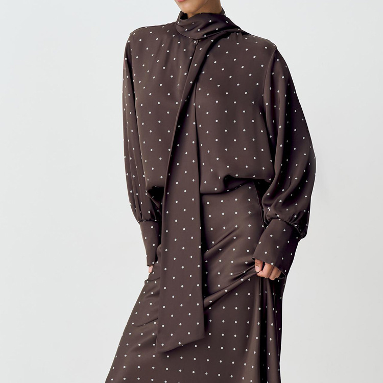 Foreign Trade 2025 New Digital Printed Satin Polka Dot Elegant Top High-End Long-Sleeved Lace-Up Women's Shirt Foreign Trade 2025 New Digital Printed Satin Polka Dot Elegant Top High-End Long-Sleeved Lace-Up Women's Shirt