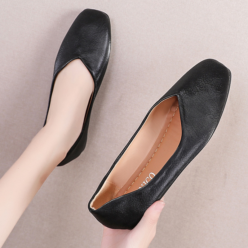 Solid color shoes all-season square toe low-cut flat